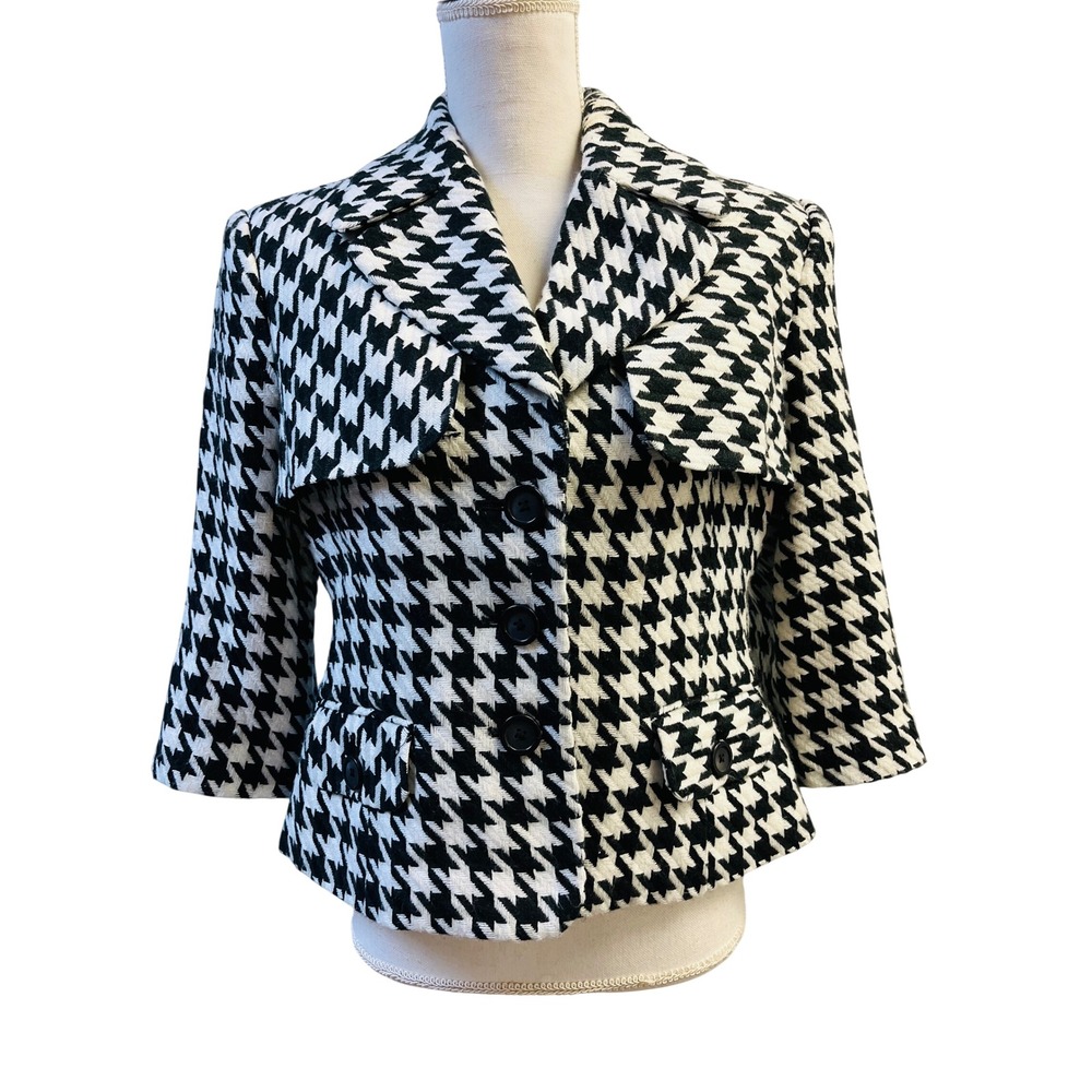 Vtg Bill Blass Jacket Large Houndstooth Cropped Structured Parisian Preppy Mod